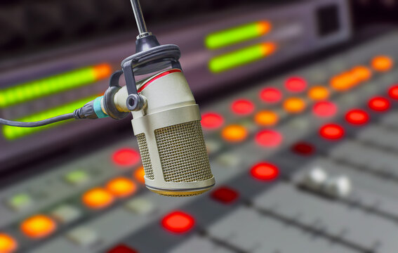 Professional microphone and sound mixer in radio studio