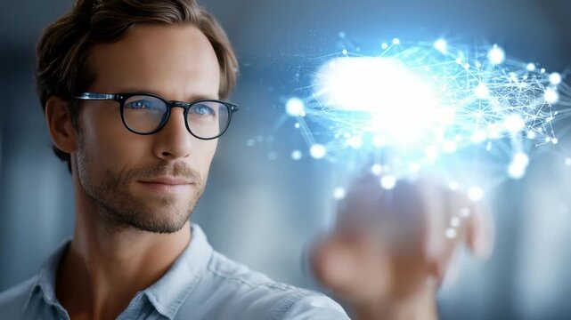 A focused professional explores a virtual network, highlighting the integration of digital transformation and smart solutions. The scene represents future tech trends and connectivity