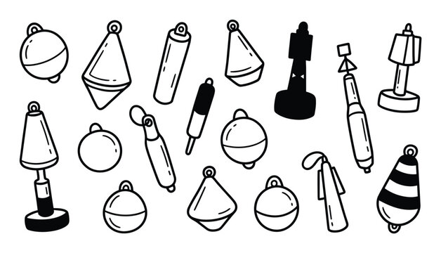 Collection of various hand-drawn fishing floats and marine buoys in a black and white doodle style