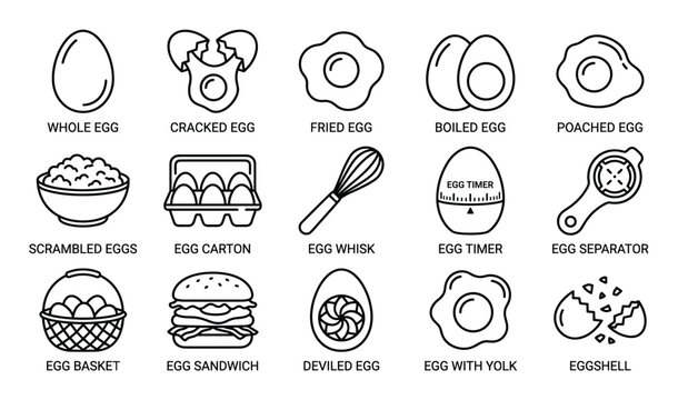 Various egg types and cooking tools are displayed as simple black outline icons