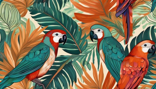 exotic abstract jungle pattern with parrots colorful botanical abstract contemporary seamless pattern hand drawn unique print
