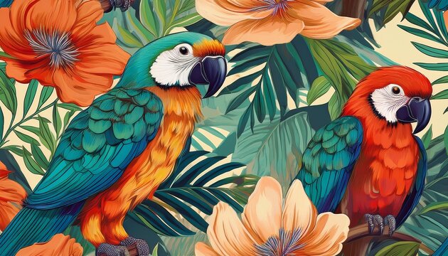 exotic hand drawn floral pattern with parrots colorful contemporary seamless unique print