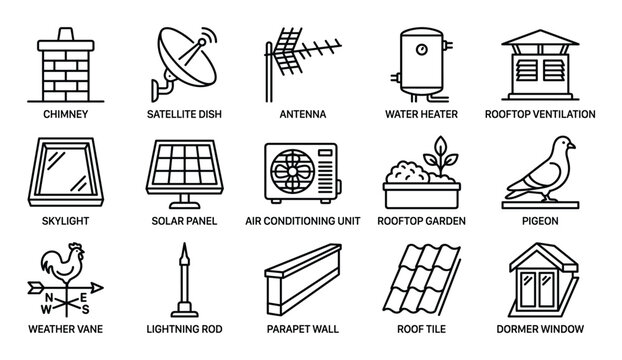Comprehensive collection of various roof elements and accessories depicted as simple black outline icons