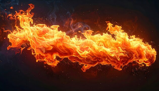 Fiery abstract shape comprised of vibrant orange and yellow flames against a dark background, depicting energy