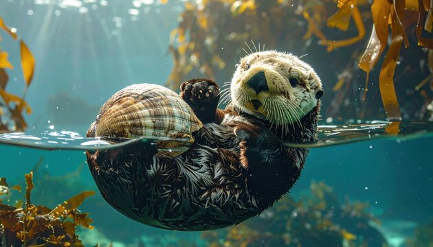 A playful sea otter floats on its back in the ocean, holding and cracking open a clam shell for a meal.