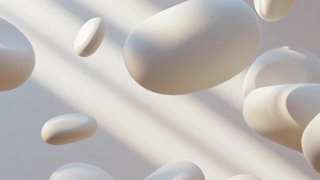 Minimal floating smooth shapes in soft lighting style on a bright backdrop, conveying calm visual abstraction