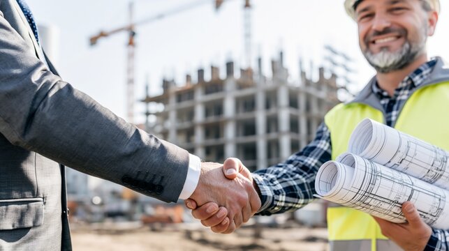 A business handshake deal in the construction industry.