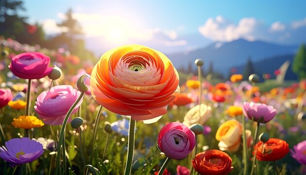 Close-up of vibrant flowers in a sunlit field, with mountains in the background. Colorful blooms are in focus