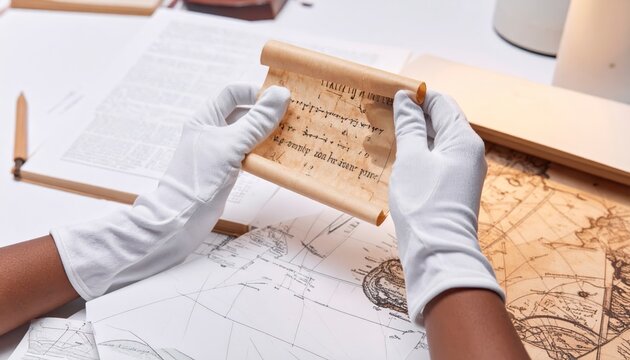 Researcher's gloved hands carefully holding a delicate ancient papyrus scroll with historical script