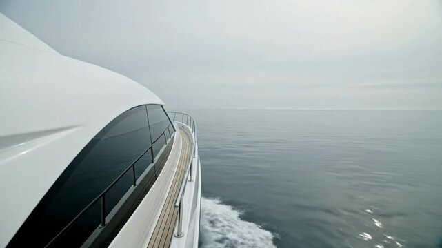 Luxury yacht sailing on calm open sea, side view of modern motor boat deck cruising through peaceful ocean waters on a cloudy day