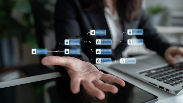 Blockchain structure showing distributed data blocks linked with encryption, representing secure transaction verification, decentralized control, and immutable record system Latch