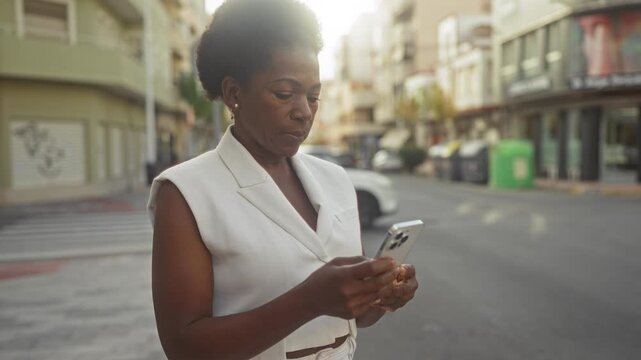 Woman holding smartphone and texting while looking at screen on a street intersection; introspection calm connectivity.