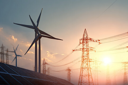 wind turbine with solar panels and sunset. concept clean energy. Energy supply, wind turbine,eolic turbine, distribution of energy,Powerplant,energy transmission,high voltage supply concept 