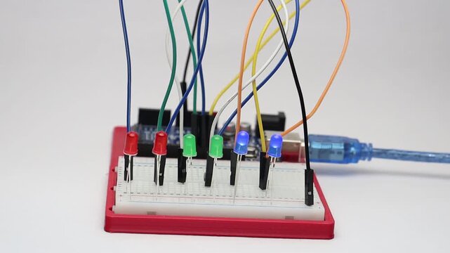 Many LED lights are connected on breadboard controlled by a programmable micro controlled on the background