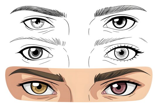 Eyebrow and eyelash drawing styles with colored eye examples