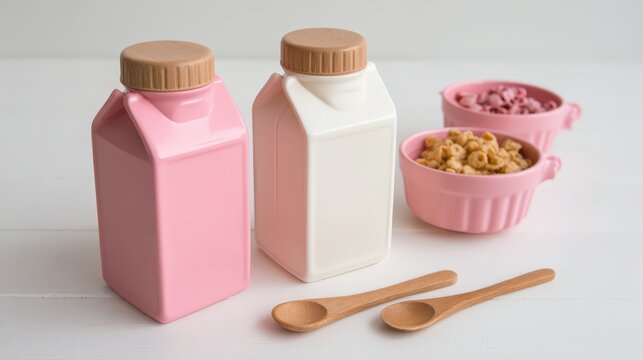 Pink and white milk cartons sit beside two bowls of cereal and wooden spoons on a white surface.