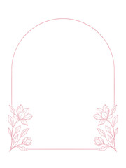 Elegancka ramka z łukiem i kwiatami magnolii – różowy kontur, styl line art © Monika