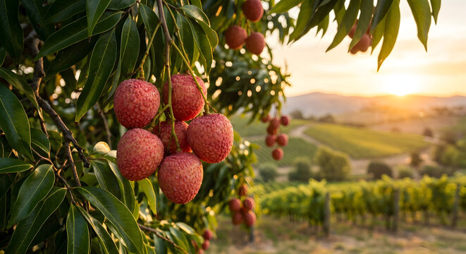 Tropical lychees on a tree branch, exotic fruit grove at sunset, natural food
