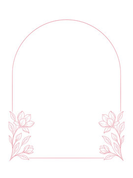 Elegancka ramka z łukiem i kwiatami magnolii &ndash; r&oacute;żowy kontur, styl line art