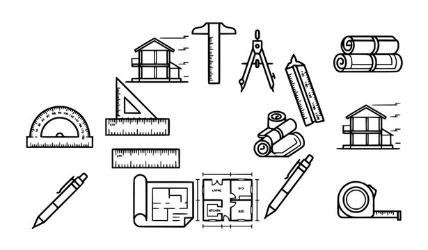 Architecture tools outline icons vector floor plan drafting set