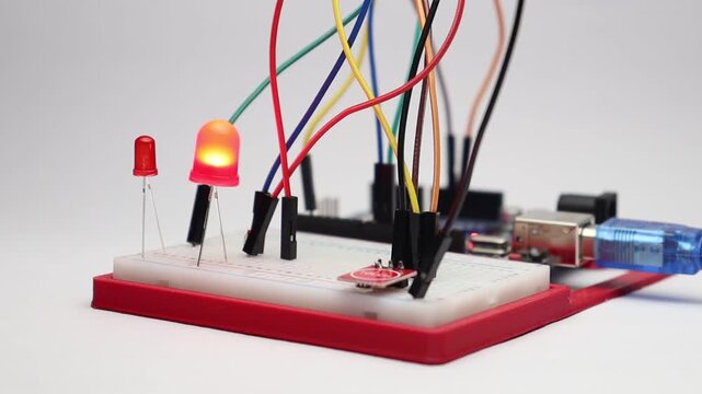 Capacitive touch sensor module is activating the red led diodes on the breadboard. Prototyping electronic projects with breadboard