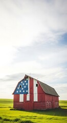 Obraz premium A red barn with an American flag painted on it stands in a green field under a cloudy sky.