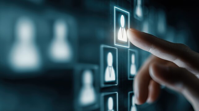 Human finger interacts with a digital interface to select a professional candidate from a network.