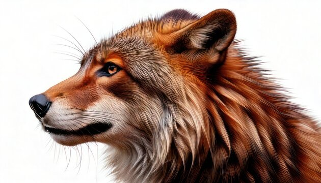 Close-up Profile of a Majestic Wolfs Head Against a White Background.