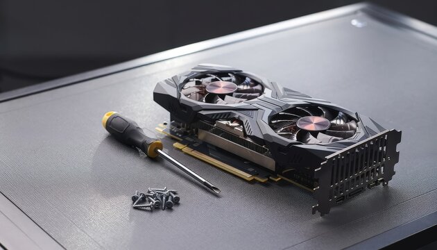 High-performance graphics card on a workstation with repair tools, representing computer maintenance, hardware upgrades, and DIY PC building.