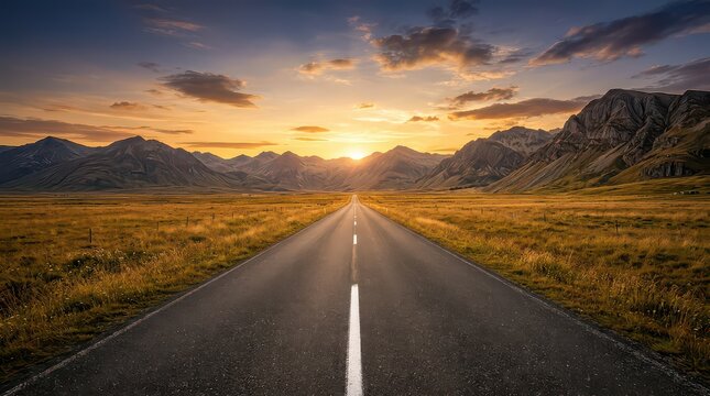 Empty two-lane highway at sunrise through golden fields with mountain backdrop and dramatic sky
