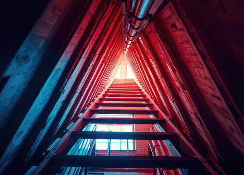 Cinematic perspective of a wooden attic staircase ascending into a glowing, triangular, abstract architectural space