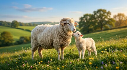 Fototapeta premium Mother sheep with newborn lamb grazing in golden sunset countryside field with wildflowers