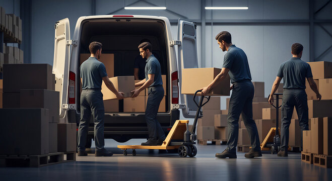 Warehouse staff with pallet jack moving cardboard boxes into van for shipment.