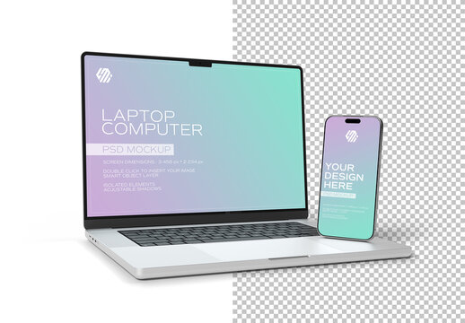 Silver Smartphone and Laptop Isolated on White Mockup