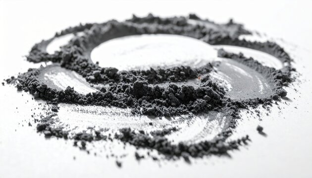 Abstract textural patterns of scattered graphite powder creating a dynamic and granular surface on white