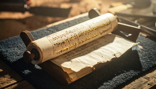 Ancient Aramaic Scroll Fragment With Golden Script Unfurled on Textured Surface