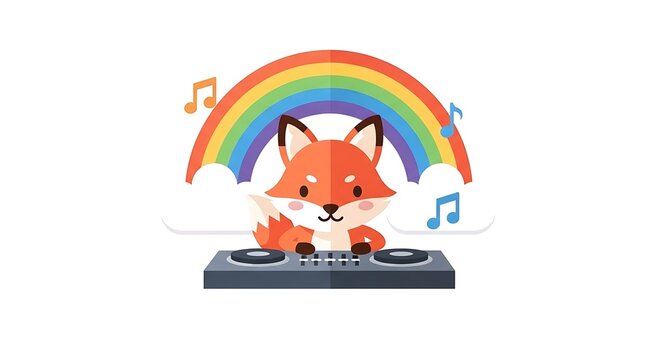 A cartoon fox DJs at a music console with a rainbow arc overhead and musical notes, over white background