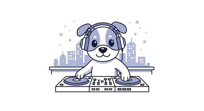 A cartoon dog, wearing headphones, skillfully mixes music on a DJ setup against a cityscape backdrop with twinkling stars