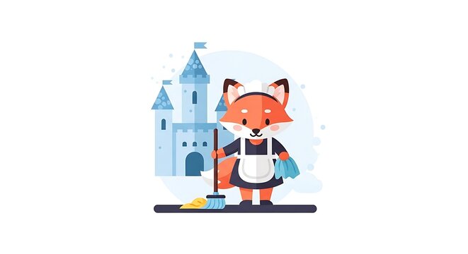 A cartoon fox dressed as a maid, holding a broom and a cloth, with a castle in the background. It is a whimsical illustration