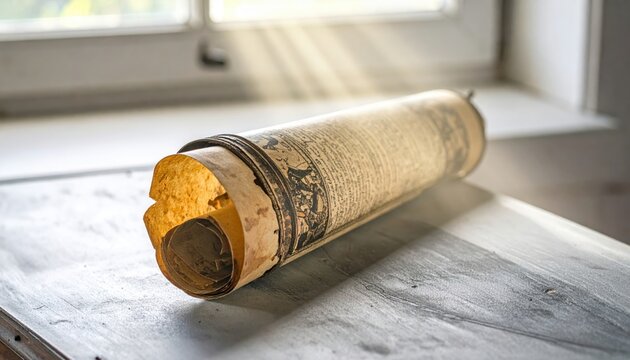 An Ancient Aramaic Scroll Delicately Unrolled on a Textured Surface With Light Rays Shining Through
