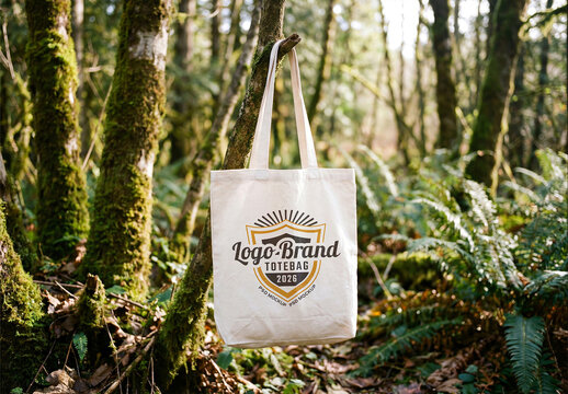 Tote Bag Hanging on a Three in a Forest Mockup
