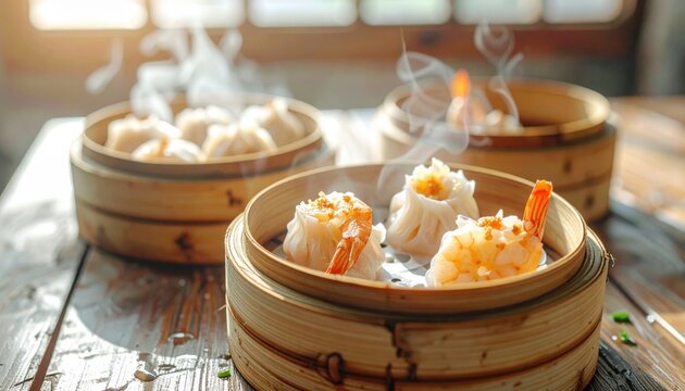 Steaming Har Gow Shrimp Dumplings Served in Bamboo Baskets on a Rustic Wooden Table, A Delicious Culinary Experience.