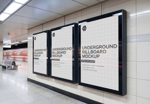 Three Billboard Screens on White Subway Wall Mockup