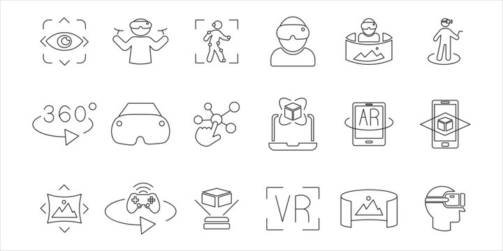 virtual reality icon set bundle. technology, virtual, 3d, glasses, vr, augmented, game, digital, view and more. simple flat line vector