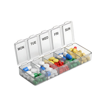Weekly Dose: A clear, organized pill organizer displays a variety of pills, capsules, and medications, pre-portioned and labeled for each day of the week.