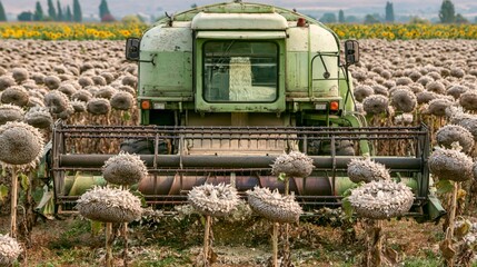 Naklejka premium A sunflower seed industrial harvesting process.