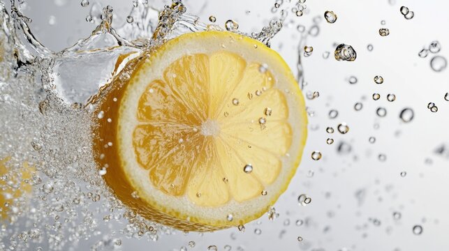Refreshing Lemon Slice in Soda Water - High Detail Microphysics Splash on White Background