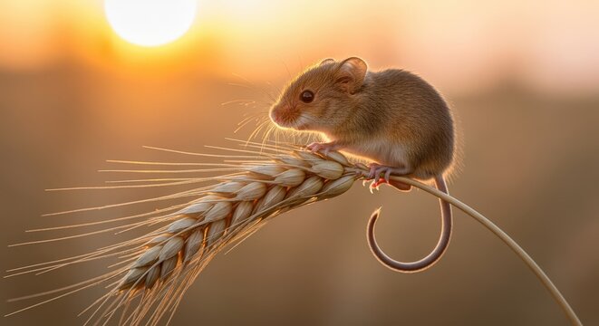 A tiny harvest mouse balances on a stalk of golden wheat during a warm sunset. The soft sunlight highlights its delicate features and long curled tail in an agricultural field.