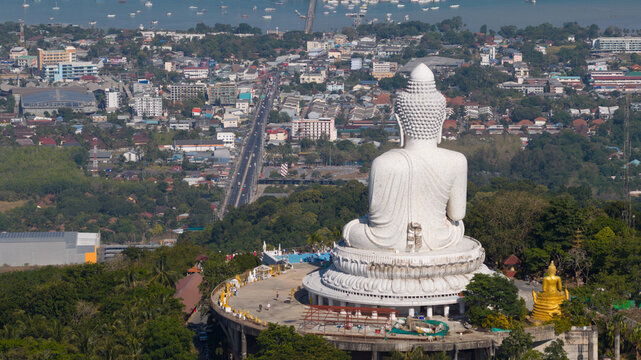Aerial view of the Phuket Big Buddha statue on Nakkerd Hill overlooking the city and sea Tambon Karon, Chang Wat Phuket, Thailand.