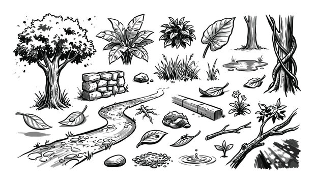 Collection of hand-drawn black and white nature elements including trees, plants, leaves, rocks, and a winding path